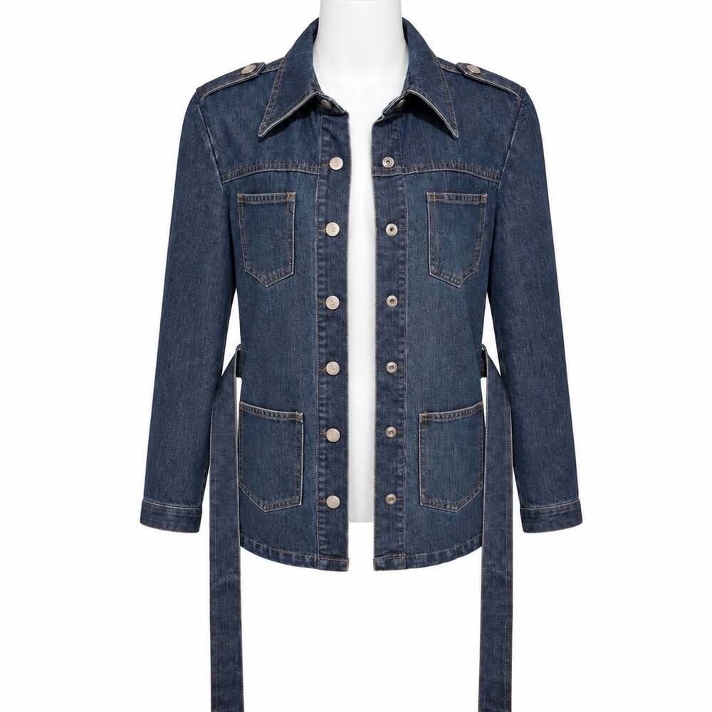 Zena Women Denim Jacket M Blue Belted Snap Front Utility Pockets Long Sleeve